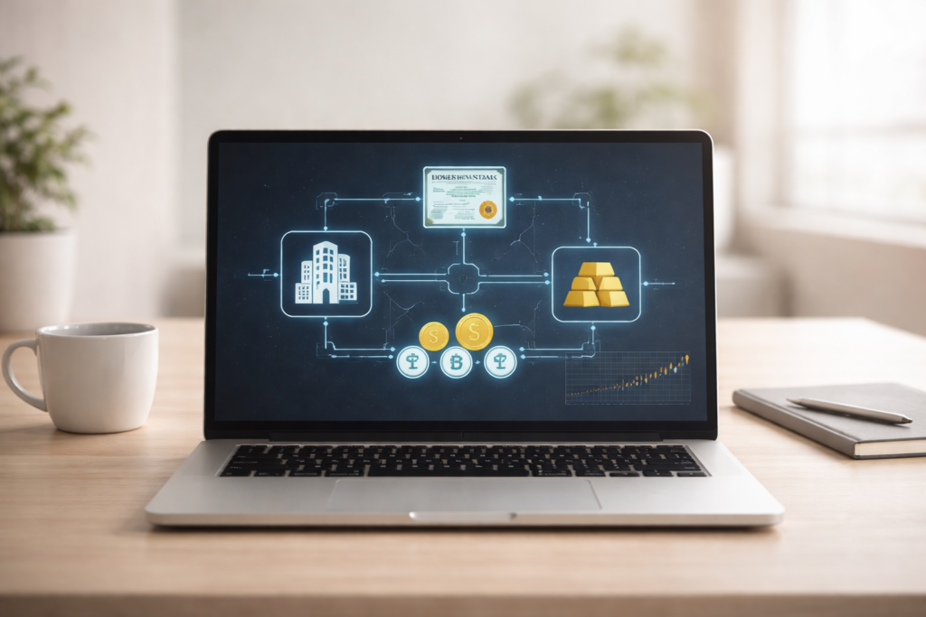 Real world asset tokenization crypto dashboard showing real estate, gold, and bonds connected through blockchain.