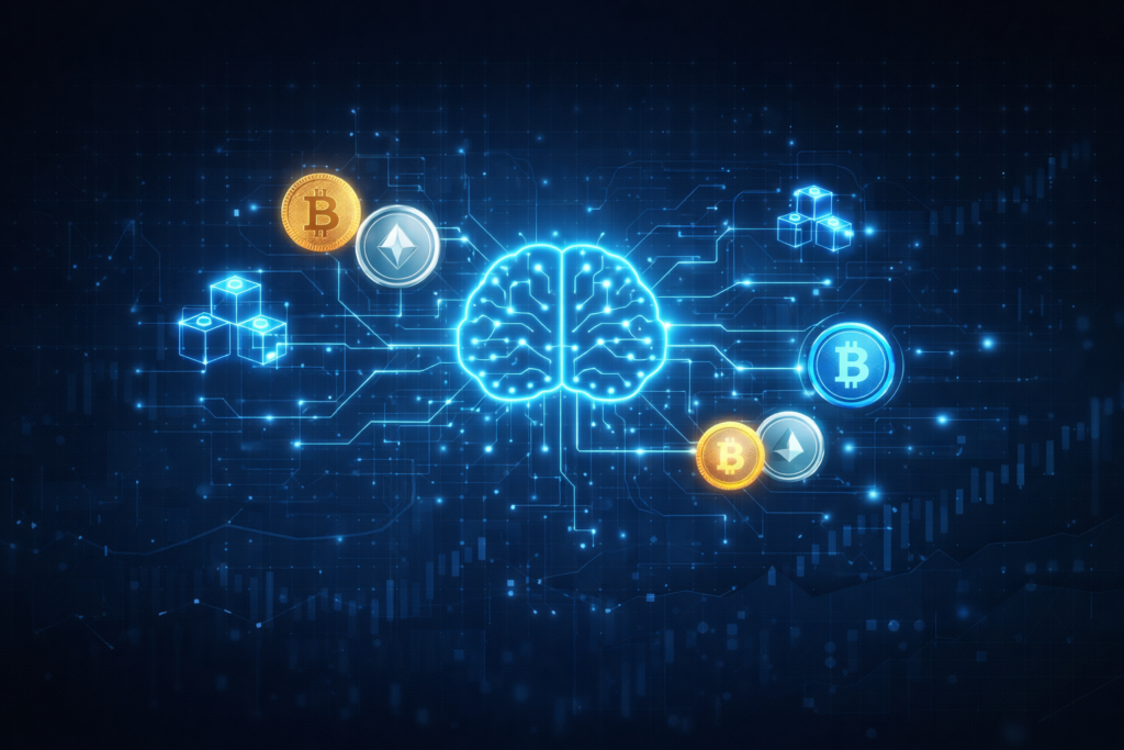 Artificial intelligence brain connected to blockchain and crypto tokens representing best AI crypto projects.
